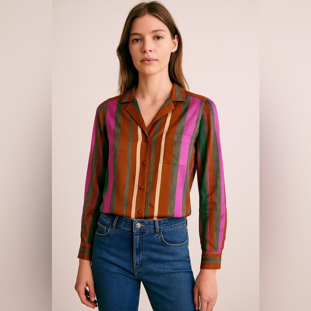 Sézane Multicolor Striped Button Down Blouse Copper Pink Green Parisian Chic S